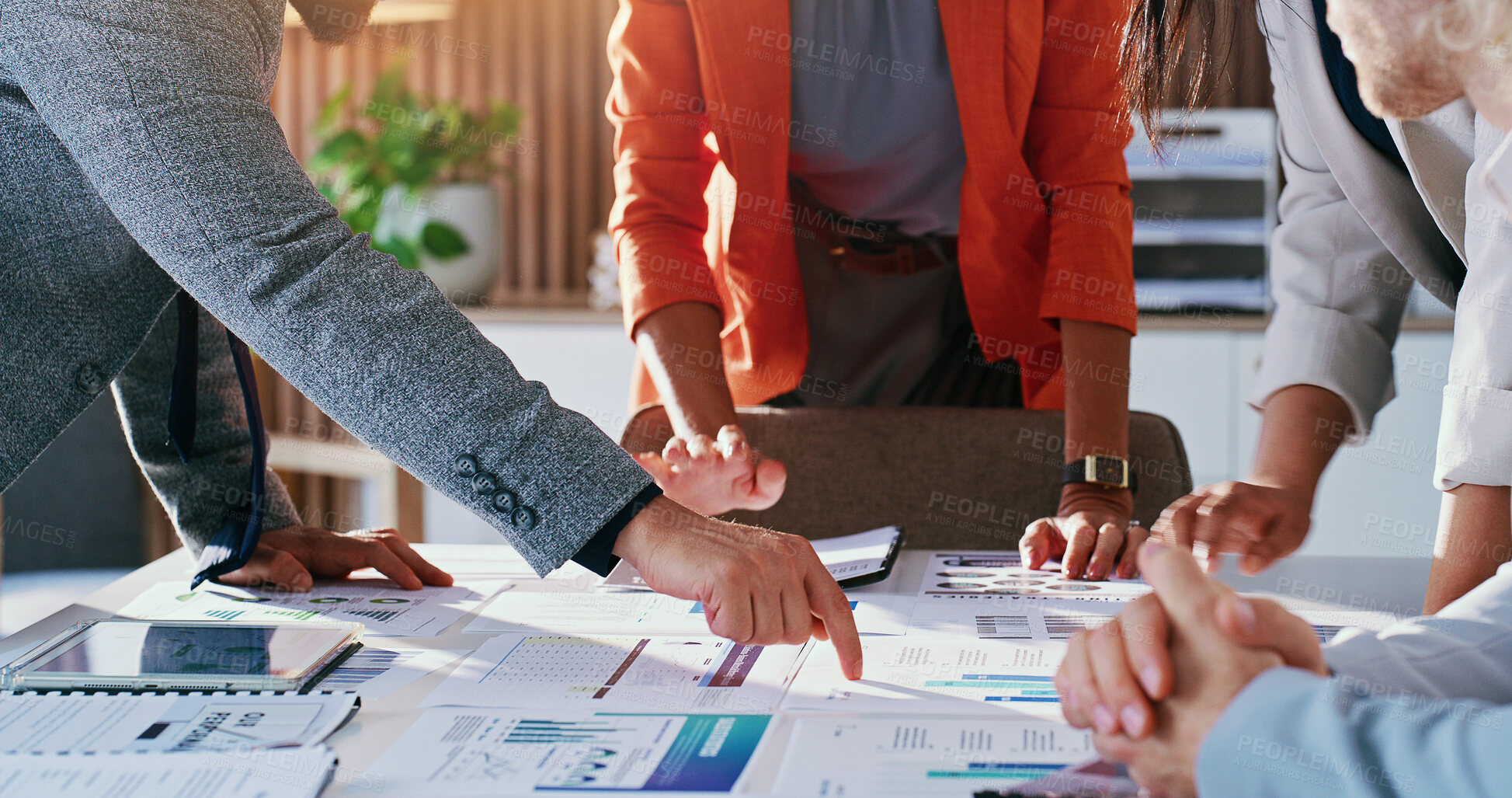 Buy stock photo Pointing, documents and business people with graph, finance report and planning for investment. Team, office and workers with paperwork, chart and research for financial strategy for profit growth