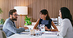 Meeting, discussion or business team with tablet for company strategy, idea or development together. People, group or employees with technology for proposal, briefing or performance review in office
