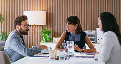 Buy stock photo Meeting, discussion or business team with tablet for company strategy, idea or development together. People, group or employees with technology for proposal, briefing or performance review in office