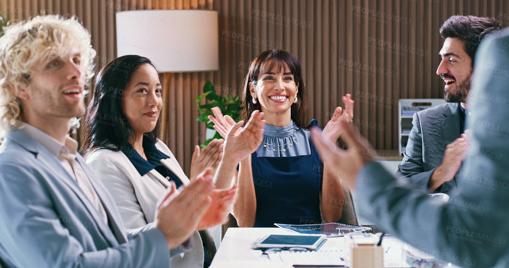 Buy stock photo Business, people and meeting in office with applause, good news and celebration of finance success. Smile, team or clapping hands in workplace for presentation, well done and financial pitch approval