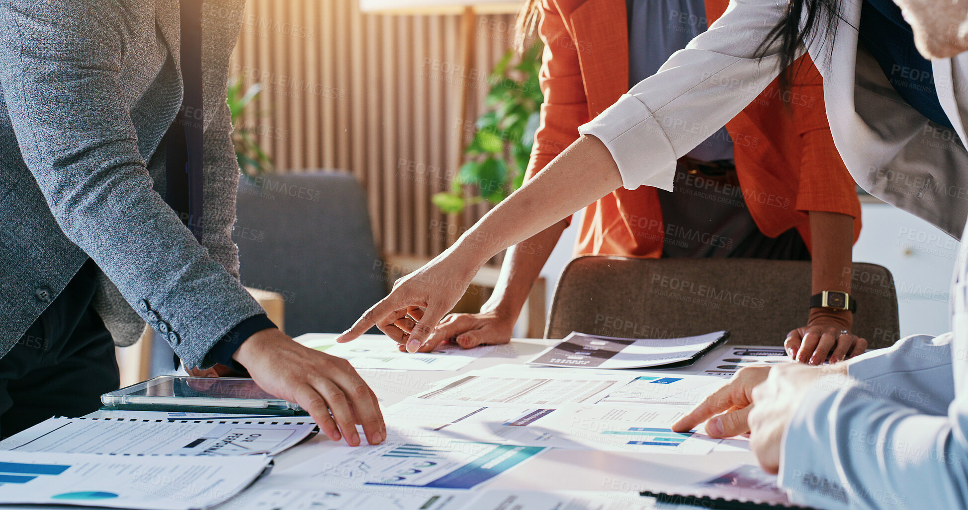 Buy stock photo Pointing, documents and business people with chart, finance report or meeting for investment choice. Hands, office and workers with paperwork, graph and stats for financial strategy for profit growth