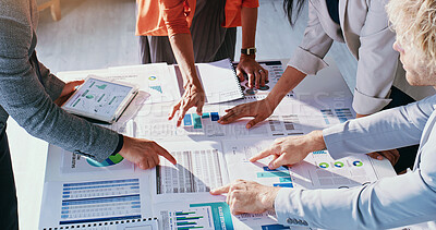 Buy stock photo Meeting, hands and business people with paperwork, tablet and finance report for investment plan. Team, office and workers with documents, graph and tech for financial strategy, kpi or profit growth