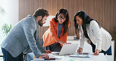 Buy stock photo Business, people and talk in meeting with laptop, research and finance report for sales revenue. Team, reading and pc in office with statistics, company results and online graphs for financial audit