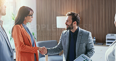 Buy stock photo Meeting, team or business people with handshake in office for hiring, onboarding or agreement. Happy, businessman or woman shaking hands with group for recruitment process, partnership or opportunity