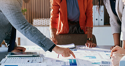 Buy stock photo People, hands and finance team with paperwork, chart and budget report for investment strategy. Business, office and workers with documents, graph and research for financial review, profit and growth