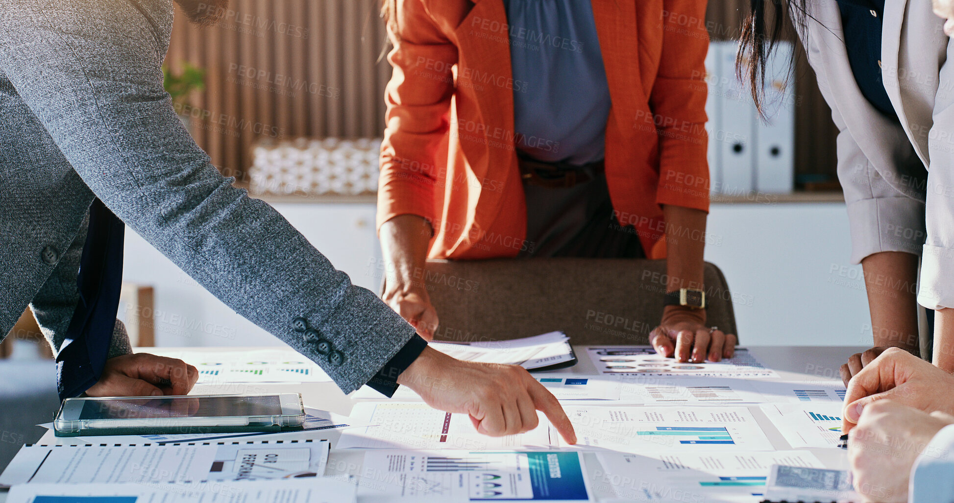 Buy stock photo People, hands and finance team with paperwork, chart and budget report for investment strategy. Business, office and workers with documents, graph and research for financial review, profit and growth