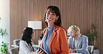 Happy, tablet and woman with team in office for finance agency, about us and management for meeting. Portrait, corporate and person on tech for financial review, investment consultant and ambition