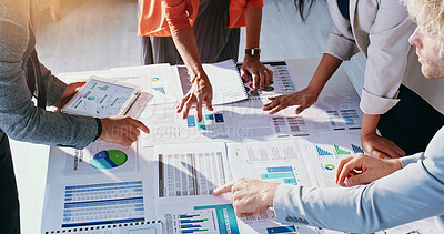 Buy stock photo Hands, tablet and business people with chart, meeting and finance report for investment plan. Desk, office and workers with documents, graph and stats on tech for financial strategy for profit growth