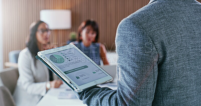 Buy stock photo Presentation, graph and man with business people, tablet screen and financial analytics in meeting. Office, corporate and person on tech with chart, stats and investment research for finance review