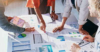 Buy stock photo Finance, hands and business people with graph, documents and budget report for investment plan. Meeting, office and workers with paperwork, chart and research for financial strategy for profit growth