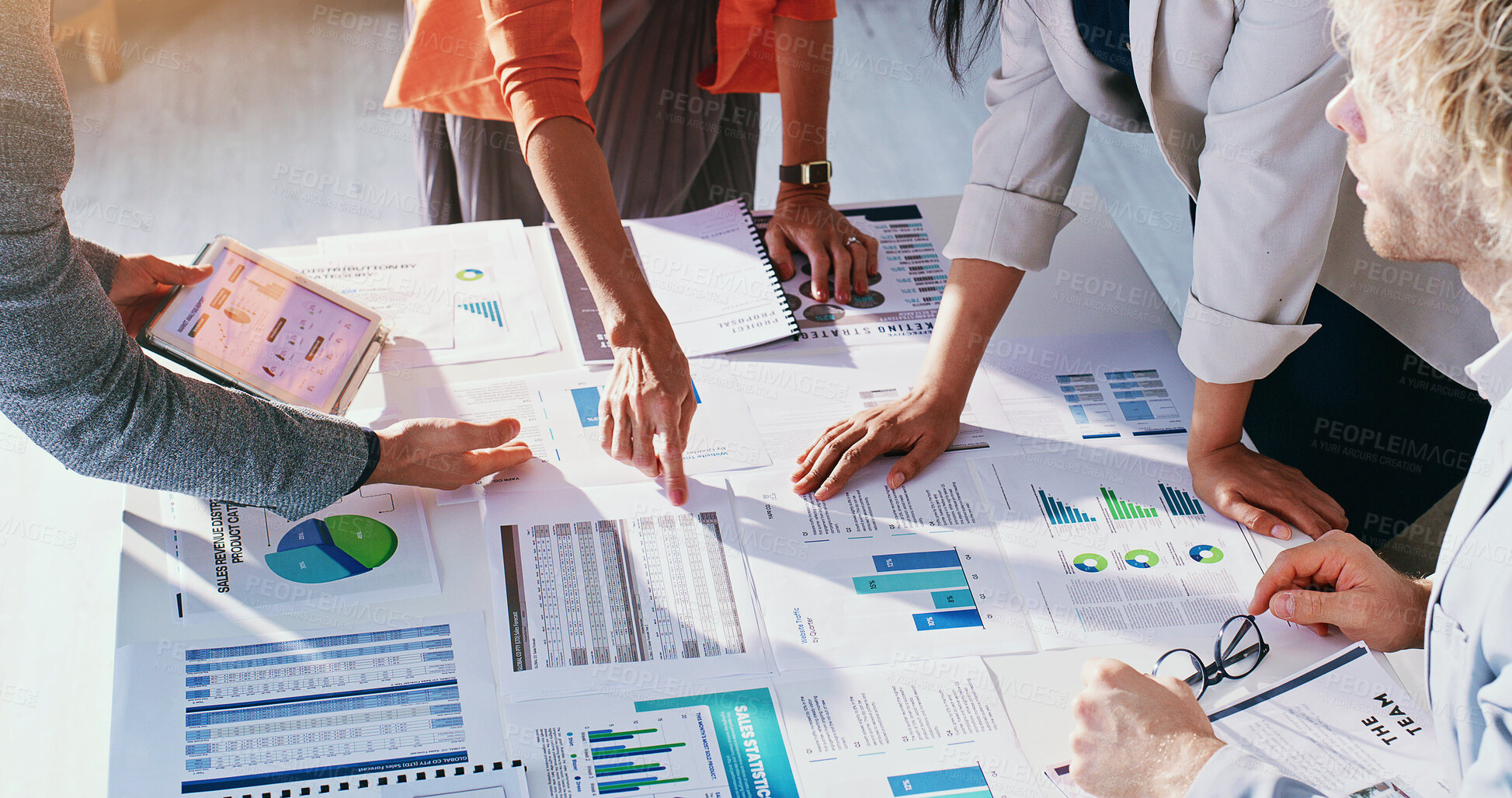 Buy stock photo Finance, hands and business people with graph, documents and budget report for investment plan. Meeting, office and workers with paperwork, chart and research for financial strategy for profit growth