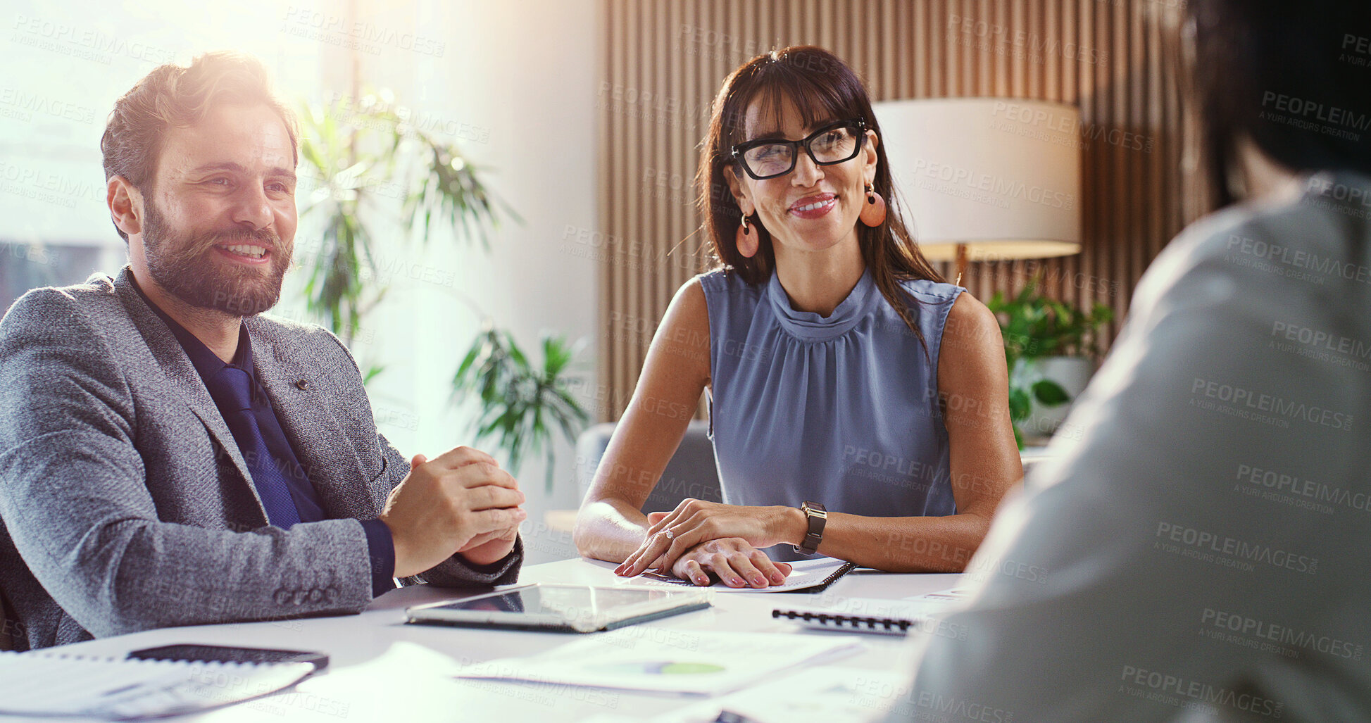 Buy stock photo Meeting, office and business people in real estate for planning, pitch and property development. Talking, team and workers with realtor for funding, budget review and proposal for listing evaluation