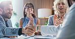 Happy, businessman or meeting with handshake, applause or congratulations for promotion or teamwork. Man, employee or colleagues shaking hands with team clapping for onboarding or business success