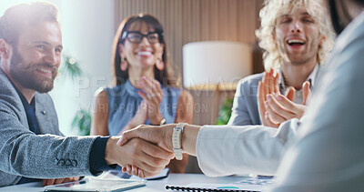Buy stock photo Happy, businessman or meeting with handshake, applause or congratulations for promotion or teamwork. Man, employee or colleagues shaking hands with team clapping for onboarding or business success