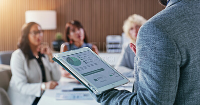 Buy stock photo Presentation, chart and man with business people, tablet screen and financial analytics in meeting. Office, team and person on tech with graphs, research and investment report for finance proposal