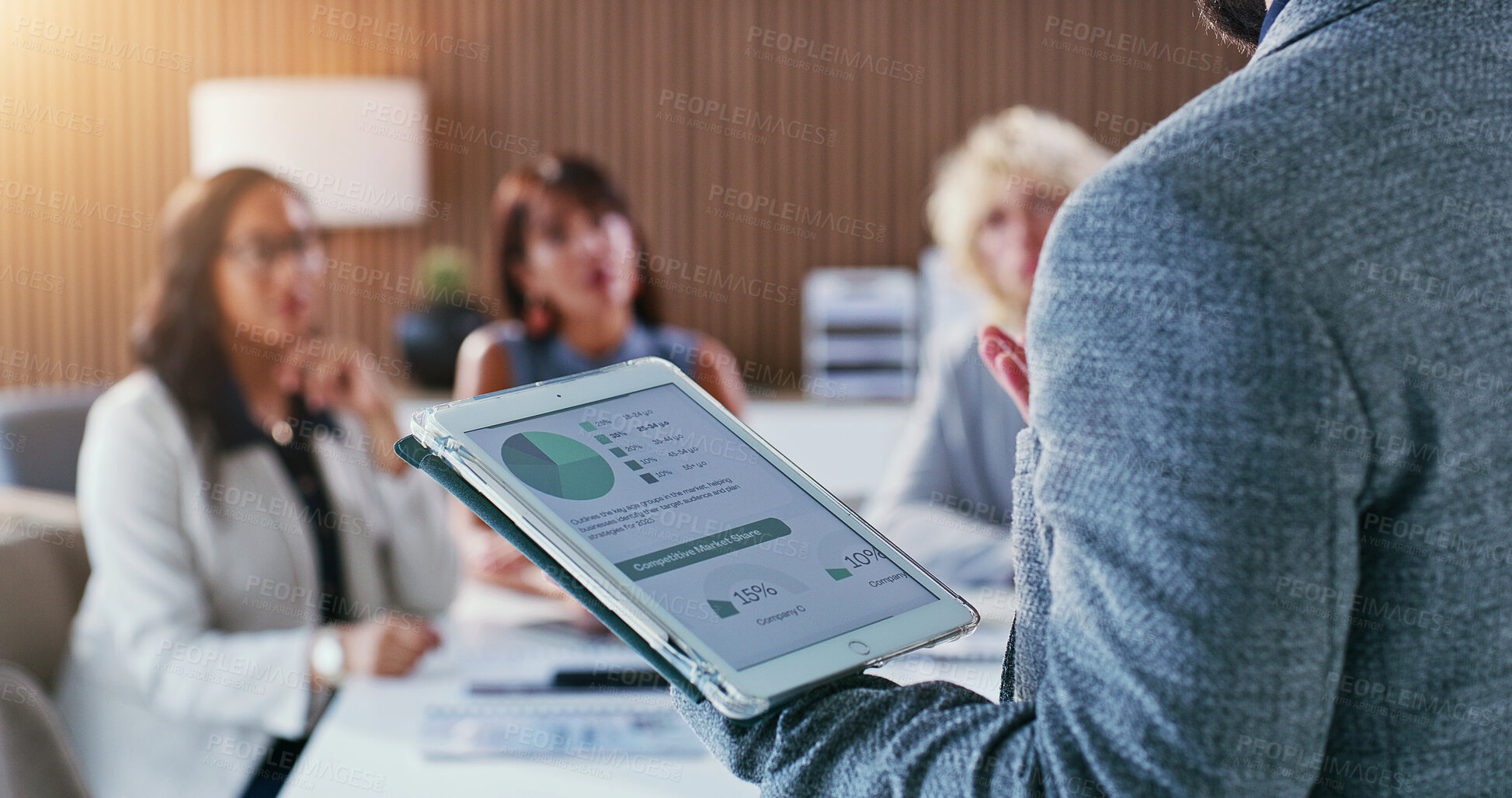 Buy stock photo Presentation, chart and man with business people, tablet screen and financial analytics in meeting. Office, team and person on tech with graphs, research and investment report for finance proposal