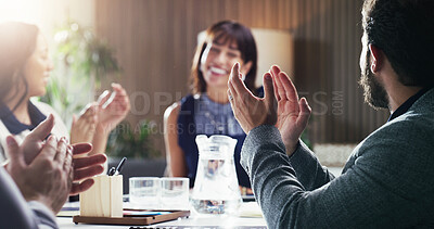 Buy stock photo Happy, business and people in meeting with applause, good news and celebration of finance success. Smile, team and clapping hands in office for well done, praise employee and financial pitch approval