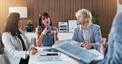 Buy stock photo Presentation, meeting and business people with pitch for finance proposal, investment and question. Office, corporate and workers on tech with paperwork, discussion or financial consultant for growth