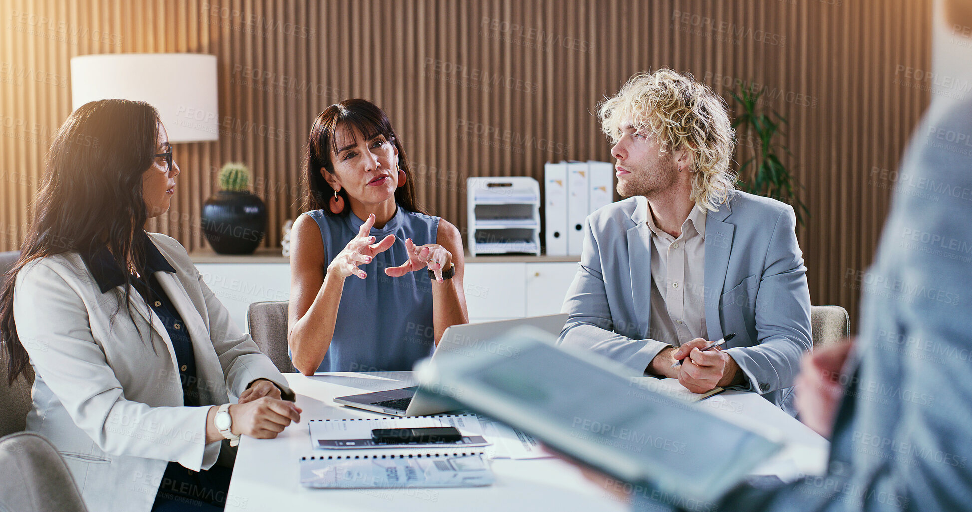Buy stock photo Presentation, meeting and business people with pitch for finance proposal, investment and question. Office, corporate and workers on tech with paperwork, discussion or financial consultant for growth