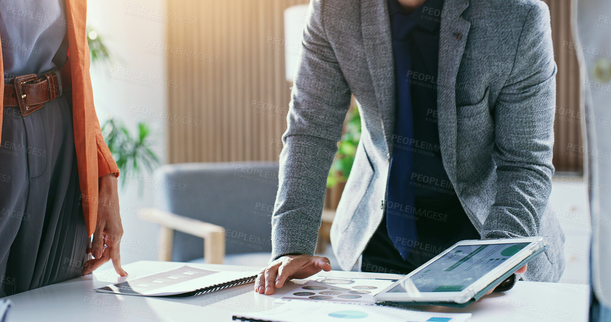 Buy stock photo Paperwork, graph and business people with tablet in hands, meeting and financial review for budget. Office, corporate and workers on tech with chart, stats and investment research for finance report