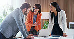 Business, women and team in meeting with laptop, research and finance report for sales revenue. Staff, collaboration and pc in office with statistics, company results and online graphs for accounting