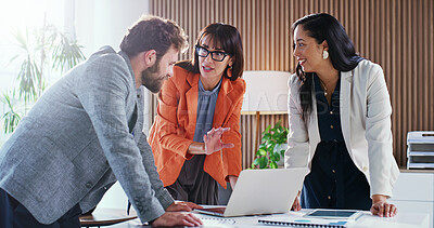 Buy stock photo Business, women and team in meeting with laptop, research and finance report for sales revenue. Staff, collaboration and pc in office with statistics, company results and online graphs for accounting