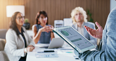 Buy stock photo Tablet screen, graph and man with business people, meeting and financial review for budget proposal. Office, team and workers on tech with chart for investment planning, finance report and feedback