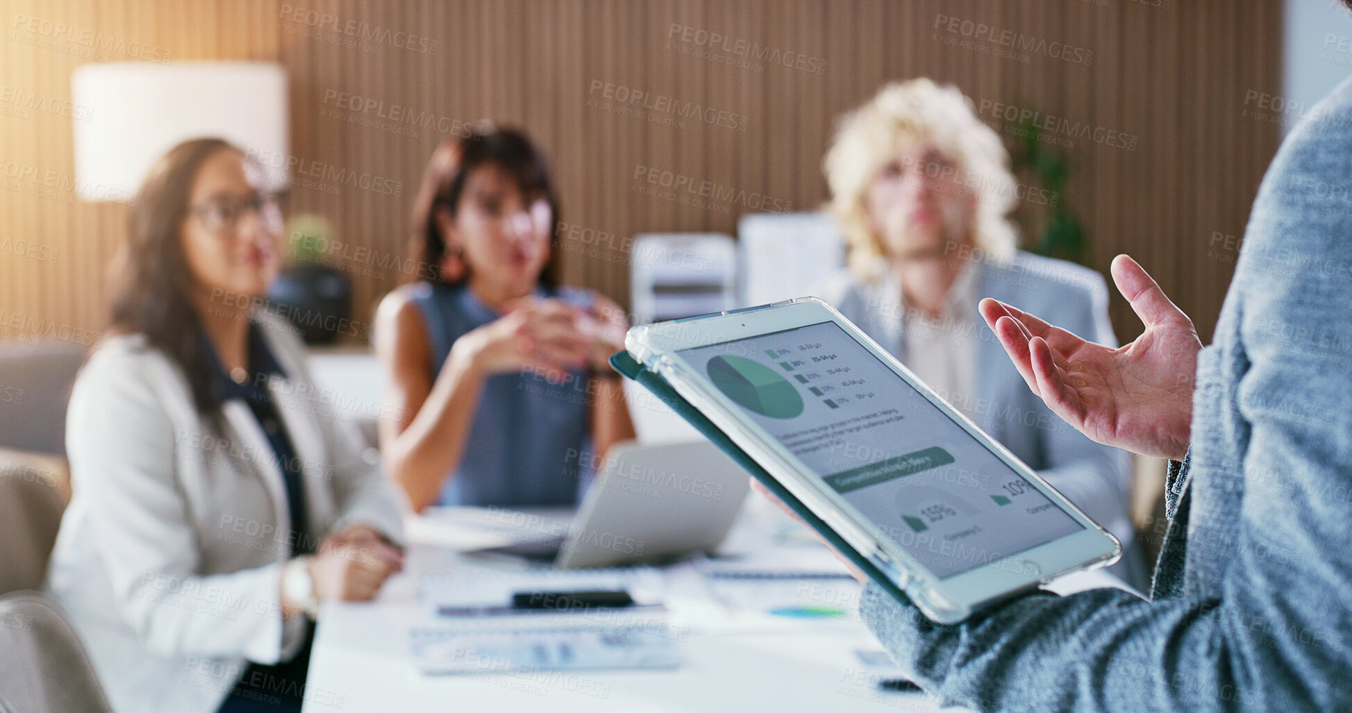 Buy stock photo Tablet screen, graph and man with business people, meeting and financial review for budget proposal. Office, team and workers on tech with chart for investment planning, finance report and feedback