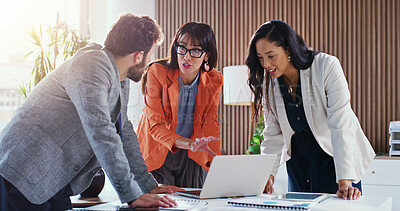 Buy stock photo Business, people and talking in meeting with laptop, research and finance report for sales revenue. Team, chat and pc in office with statistics, company results and online graphs for financial audit