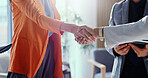 Meeting, people or agreement with handshake in office for hiring, career onboarding or teamwork. Employees, colleagues or shaking hands with job opportunity for recruitment process or partnership
