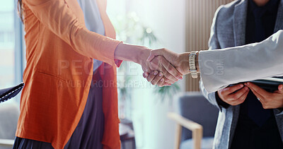 Buy stock photo Meeting, people or agreement with handshake in office for hiring, career onboarding or teamwork. Employees, colleagues or shaking hands with job opportunity for recruitment process or partnership