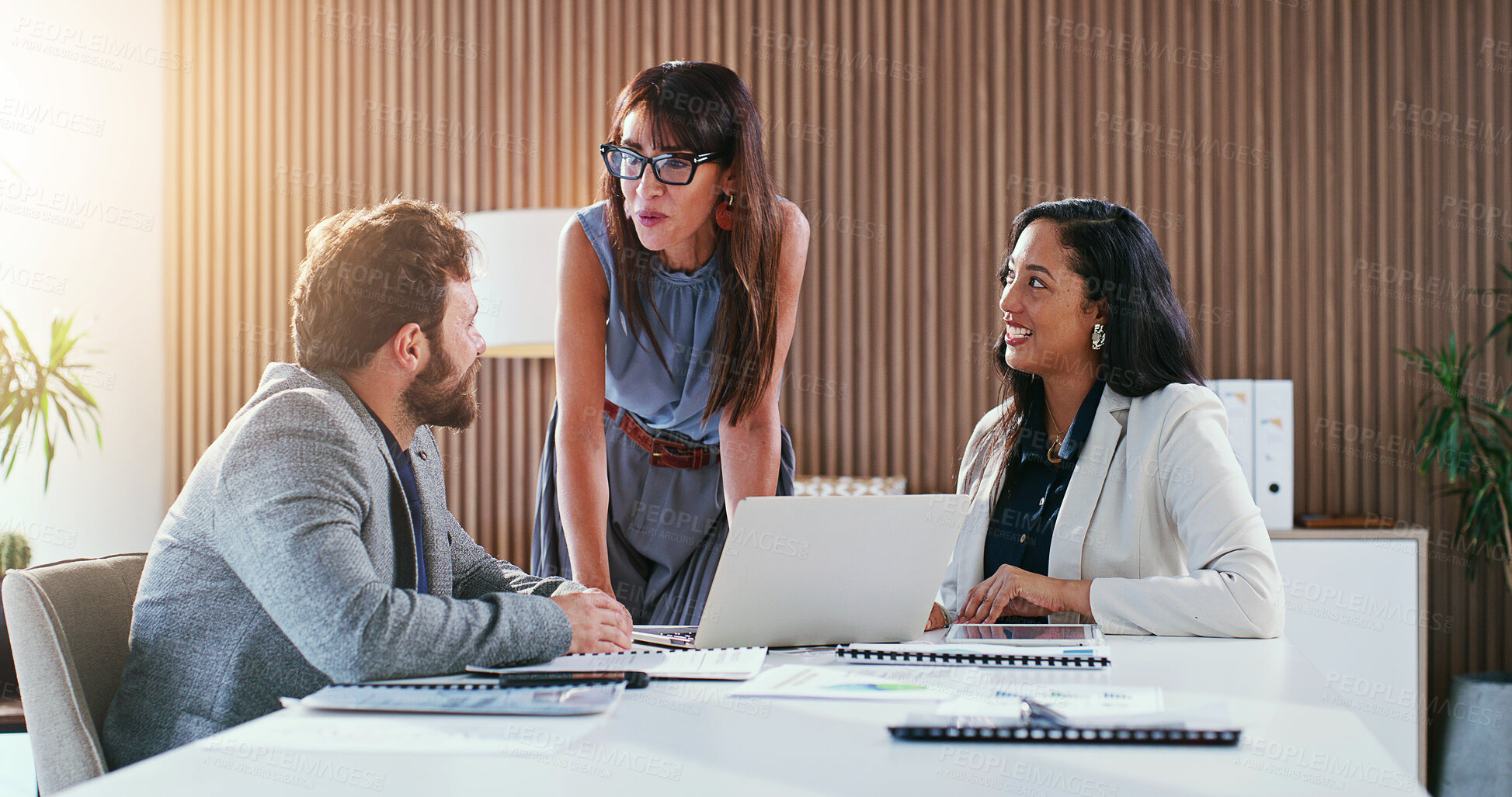 Buy stock photo Finance, office and business people in meeting for planning, risk assessment and proposal feedback. Team, boardroom and workers with manager for discussion, financial strategy and idea for investment