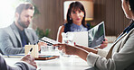 People, meeting and documents with team for business discussion, project brief or proposal in office. Group, employees or discussion with paperwork or company ideas for development in workplace