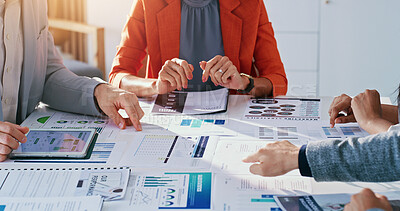 Buy stock photo Hands, people and data in meeting with documents, analysis and finance report for sales revenue. Team, reading and paperwork in office with statistics, company results and graphs for financial audit