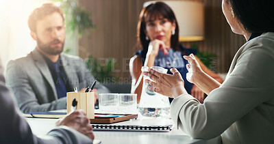 Buy stock photo Office, investor and business people in meeting, consulting and pitch for property development. Talking, team and workers with realtor for funding request, budget and proposal for real estate listing
