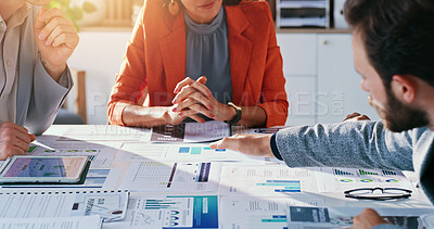 Buy stock photo Team, hands and meeting with documents for analytics, performance review or revenue strategy. Group, people or employee pointing with paperwork graph or chart for company profit, increase or progress