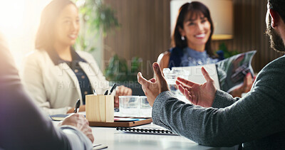Buy stock photo Documents, office and business people in meeting for planning, investment and property development. Realtor, team and workers with consultant for funding, proposal or portfolio for listing evaluation