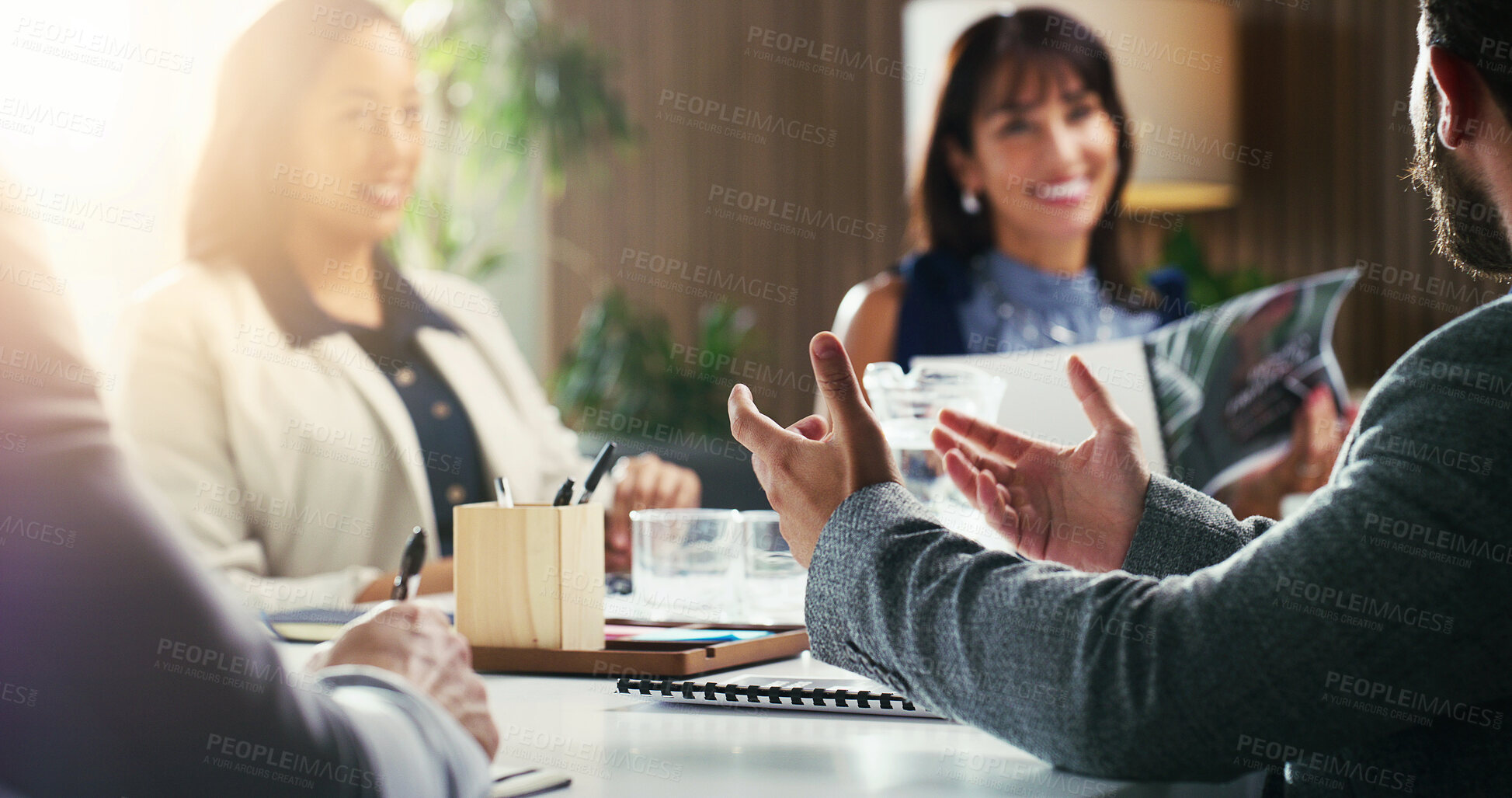 Buy stock photo Documents, office and business people in meeting for planning, investment and property development. Realtor, team and workers with consultant for funding, proposal or portfolio for listing evaluation