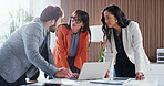 Finance, office and business people on laptop for meeting, risk assessment and proposal feedback. Team, boardroom and workers with manager for discussion, financial strategy and plan for investment