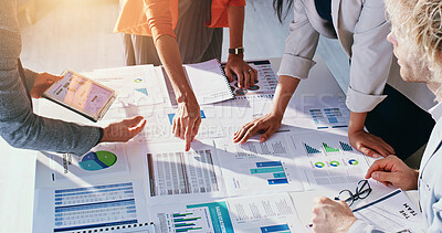 Buy stock photo Hands, graph and business people with paperwork, meeting and finance report for investment plan. Flare, office and workers with documents, chart and research for financial strategy for profit growth