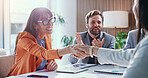Excited, meeting and business people with handshake in office for hiring, onboarding or agreement. Happy, group or employees shaking hands with smile for recruitment process, success or opportunity