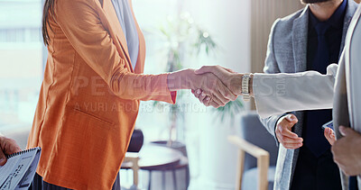 Buy stock photo Meeting, greeting and agreement with handshake for business partnership or hiring in office. Group, employees or colleagues shaking hands with deal for job recruiting or career onboarding together