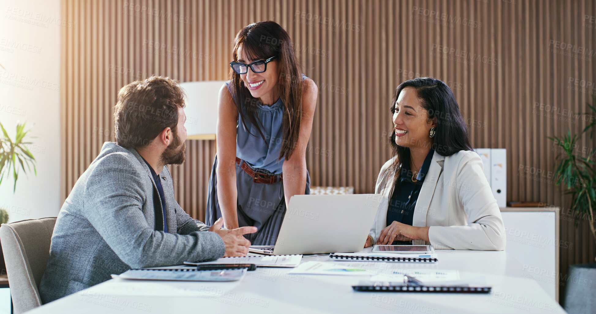 Buy stock photo Team, office and business people in meeting for finance, risk assessment and budget review. Corporate, boardroom and workers with manager for discussion, financial strategy or planning for investment