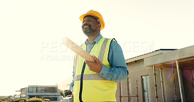 Buy stock photo Thinking, blueprint and architect with vision on rooftop for safety compliance, building or development. Smile, space and black man outdoor for home renovation, engineering or property remodeling