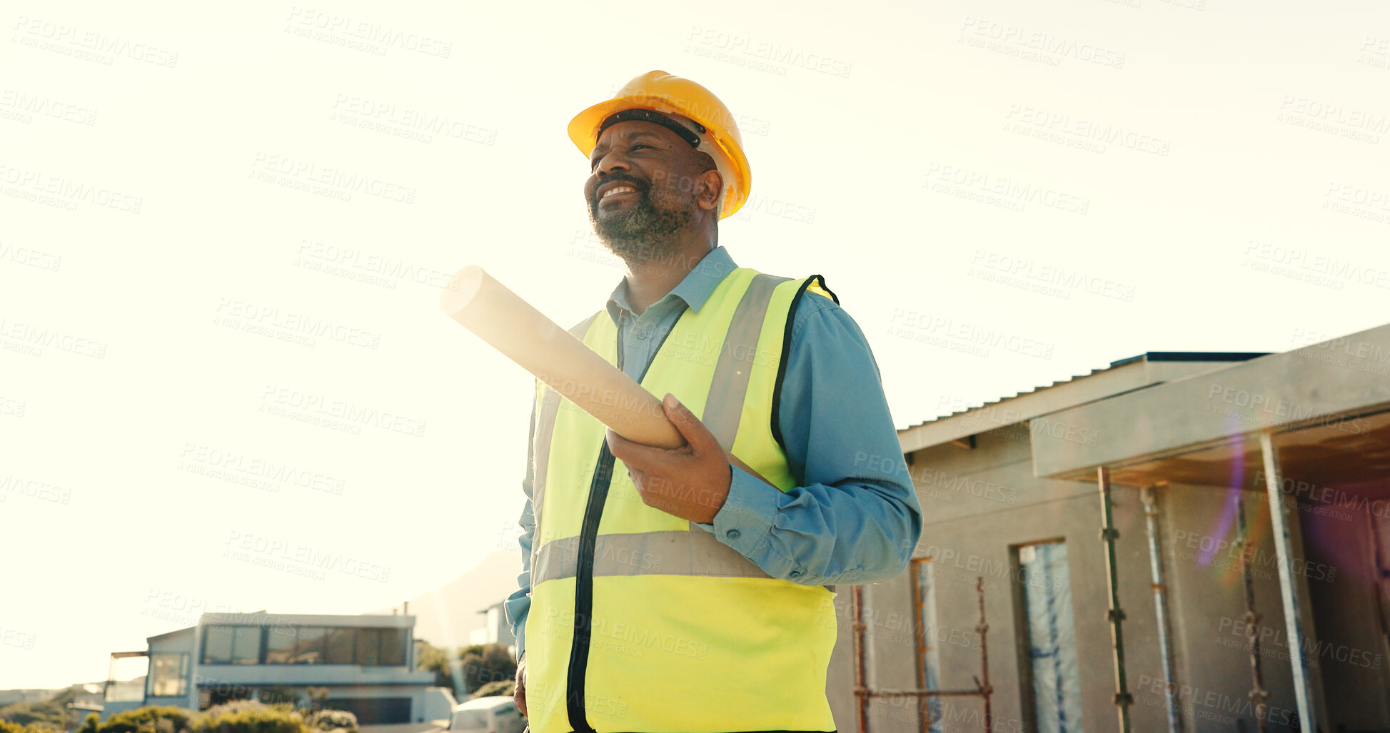 Buy stock photo Thinking, blueprint and architect with vision on rooftop for safety compliance, building or development. Smile, space and black man outdoor for home renovation, engineering or property remodeling