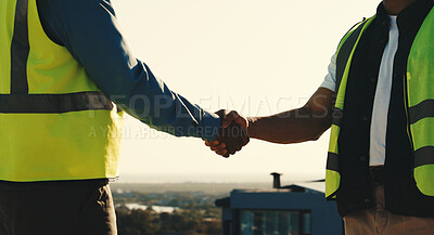 Buy stock photo Handshake, construction and people outdoor for agreement, building project and remodeling. Engineering, architecture and contractor shaking hands for collaboration, partnership and meeting in city