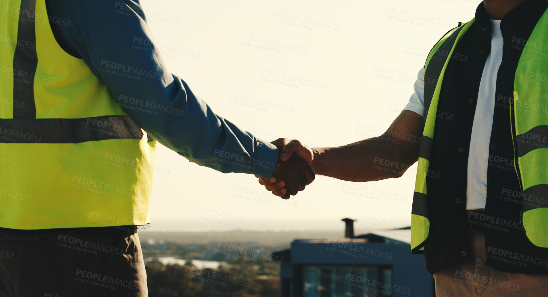 Buy stock photo Handshake, construction and people outdoor for agreement, building project and remodeling. Engineering, architecture and contractor shaking hands for collaboration, partnership and meeting in city