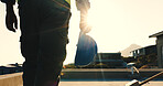 Hand, helmet and construction worker on rooftop for safety compliance, building development or walk. Flare, space and engineer outdoor for home renovation, engineering and maintenance at property