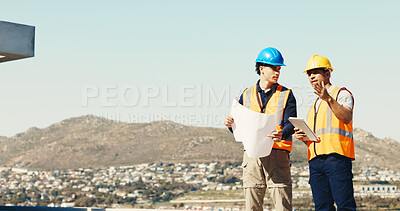 Buy stock photo Team, men or planning with blueprint for construction at site, electrical layout or development. Point, tablet or discussion with electrician, building laborer or engineering space for design outdoor