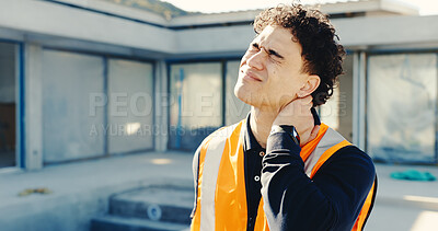 Buy stock photo Man, architect and stress with neck pain on construction site for mistake, building accident or fall. Frustrated, male person or contractor with ache, injury or discomfort for architecture emergency